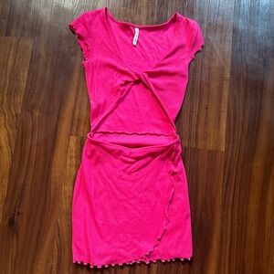 Twist Front V Neck Short Sleeve Ribbed Mini Dress
